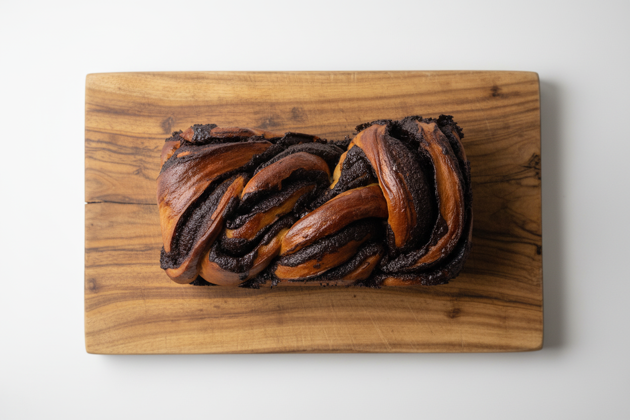 Brioche tressée au chocolat sur planche en bois