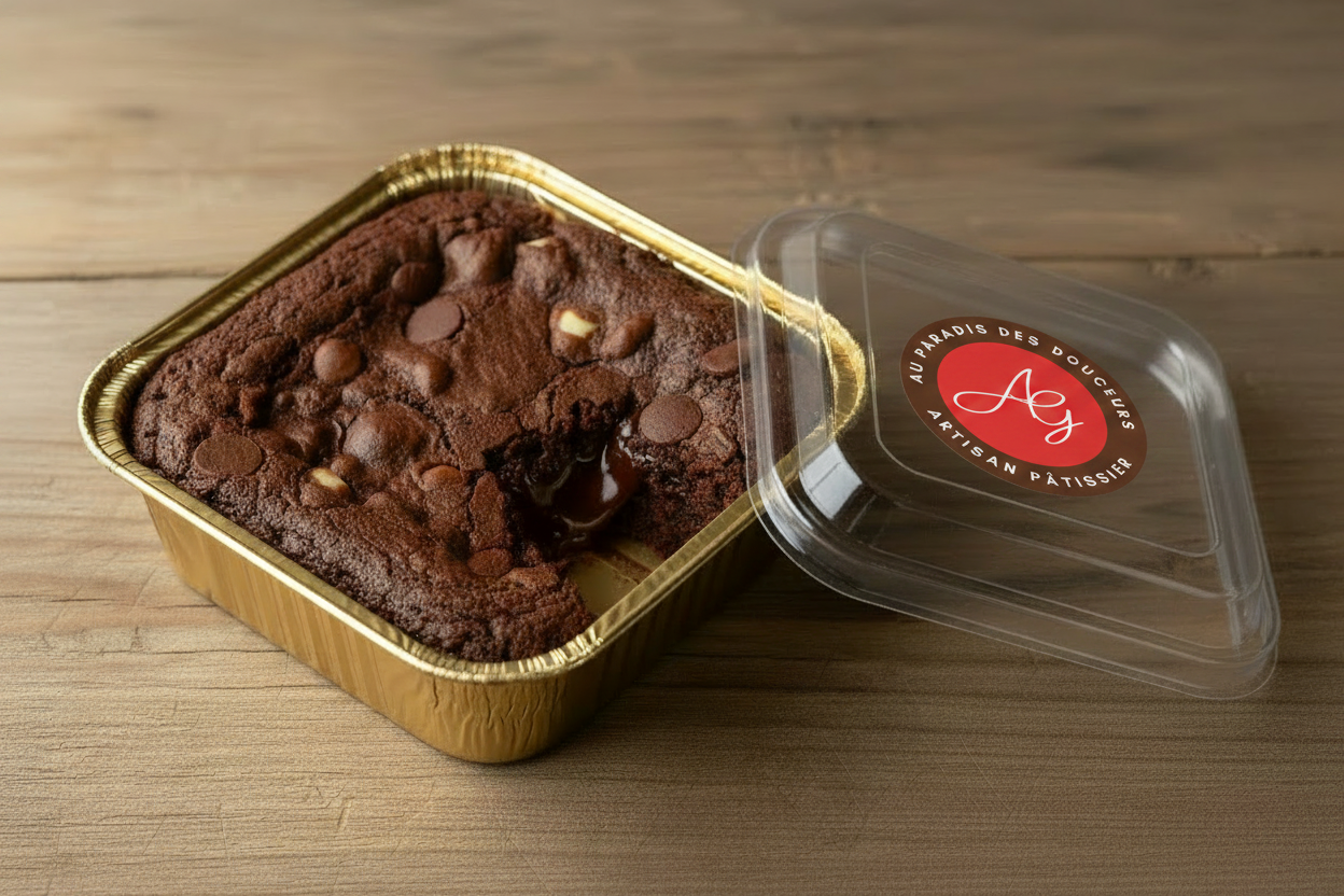 Brownie barquette dorée avec logo sur couvercle