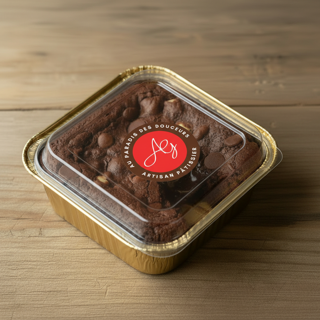Brownie barquette dorée fermée avec logo - vue overhead