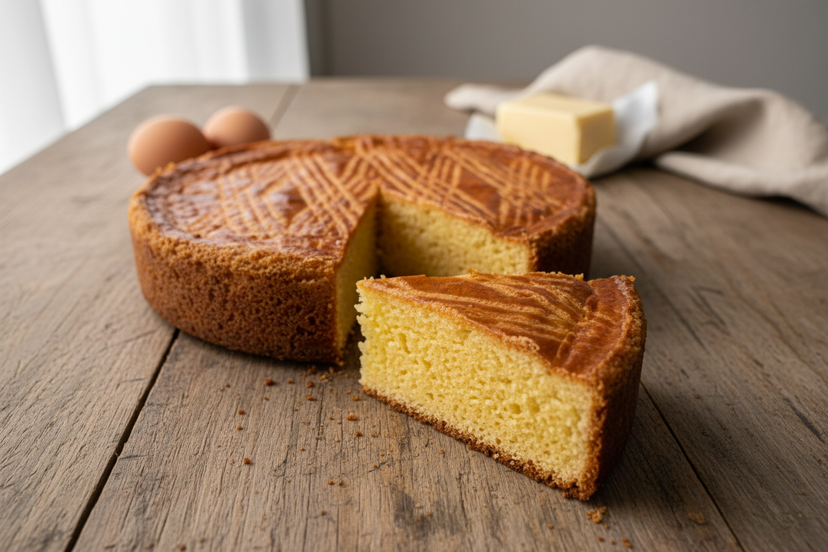 Gâteau breton entier avec une part coupée sur une table rustique
