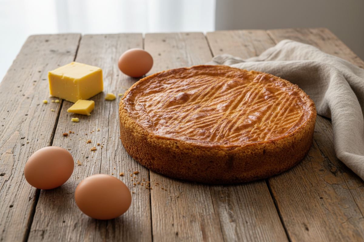 Gâteau breton sur une table rustique avec œufs et beurre