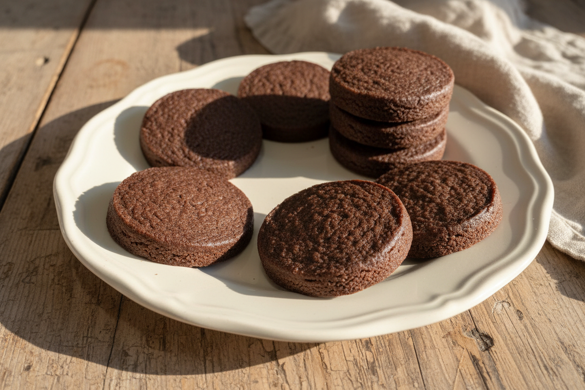Sablés bretons au chocolat légèrement empilés dans une assiette dentelée