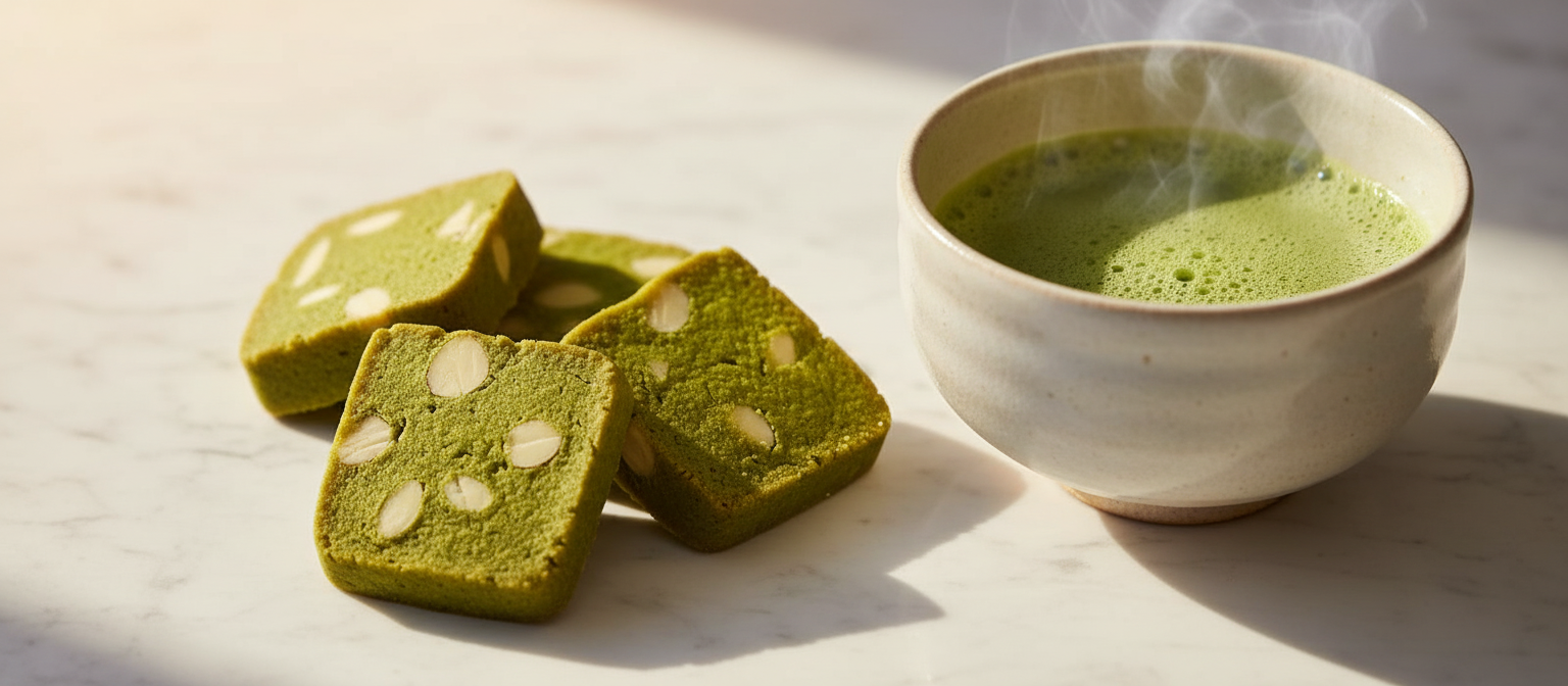 Sablés matcha vert vif et thé - gros plan